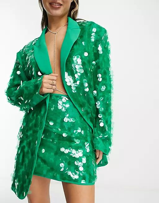 ASOS EDITION sequin oversized blazer & mini skirt in green | ASOS (Global)