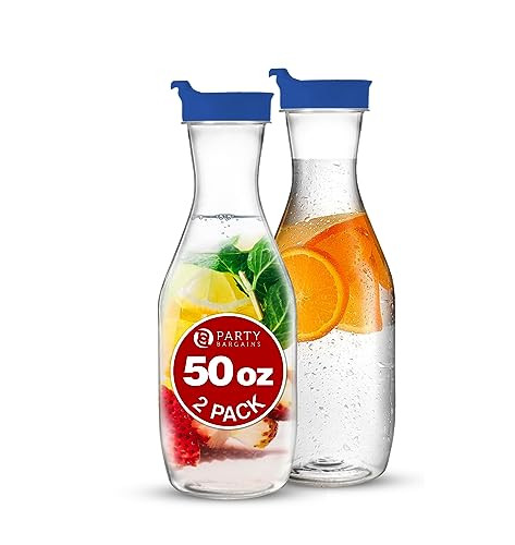 Party Bargains 50 oz. Plastic Carafe with Lids - Clear, 2 Count, Blue Flip Tab Lid Premium Quality & Heavy Duty Plastic Pitcher for Iced Tea, Powdered Juice, Cold Brew, Mimosa Bar | Amazon (US)