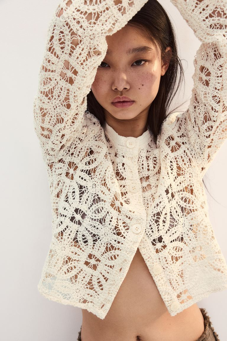 Crochet-look cardigan - Round neck - Long sleeve - Natural white - Ladies | H&M GB | H&M (UK, MY, IN, SG, PH, TW, HK)
