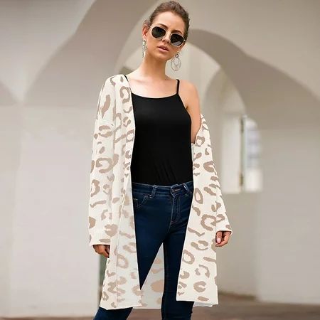 Women Knitted Long Cardigan Leopard Open Front Drop Shoulder Long Sleeves Autumn Winter Knitting Coa | Walmart (US)