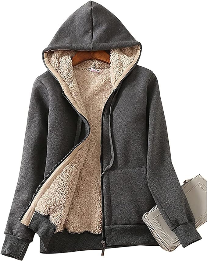 SCODI Women's Zip Up Hoodies Casual Winter Warm Sherpa Lined Sweatshirt Thick Fleece Jacket Coat | Amazon (US)