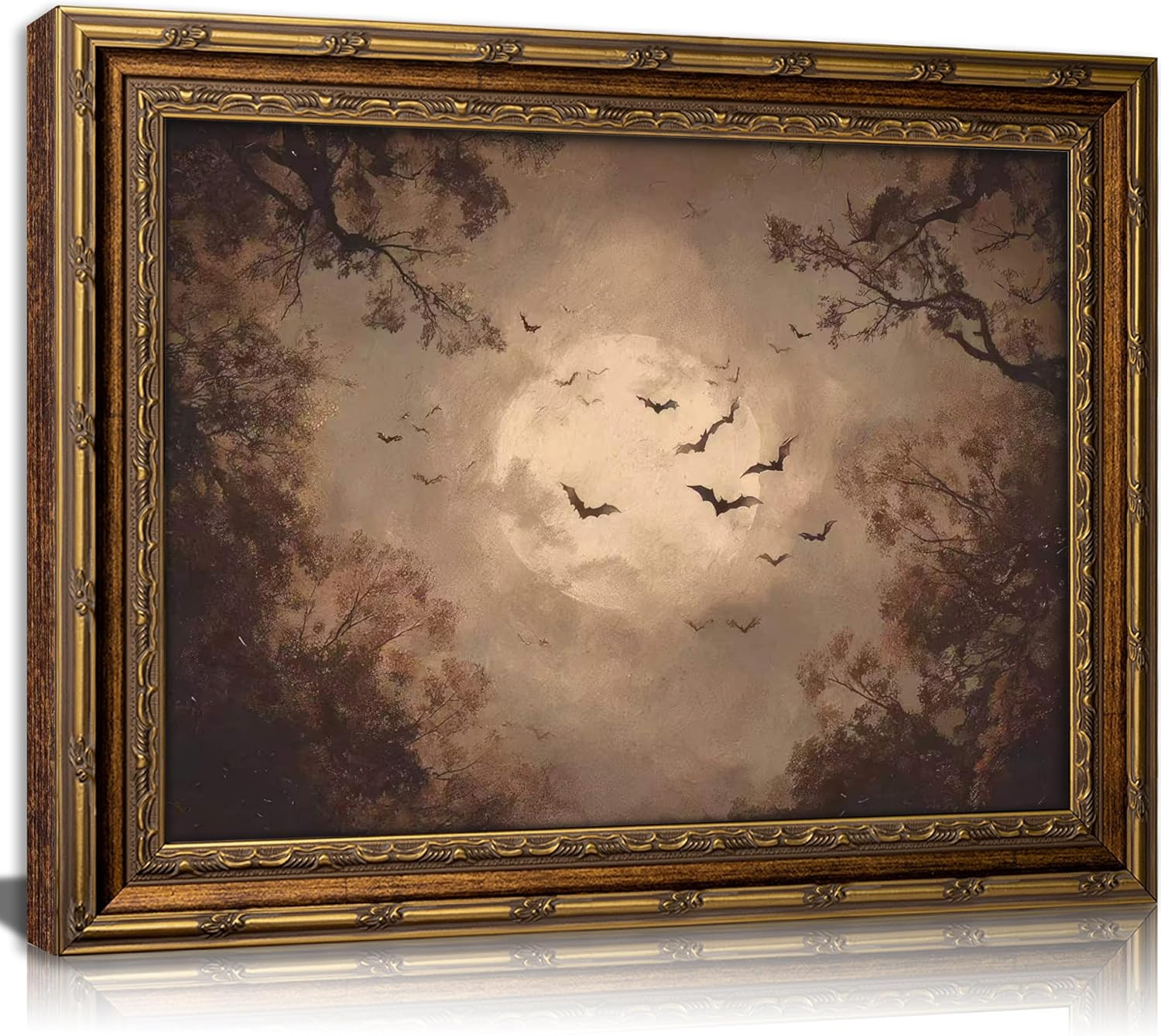 Vintage Gold Framed Dark Academia Wall Art, Moody Night Sky Moon Bat Canvas Print, Gothic Halloween Picture Wall Decor, Fall Aesthetic Artwork for Living Room Bedroom | Amazon (US)