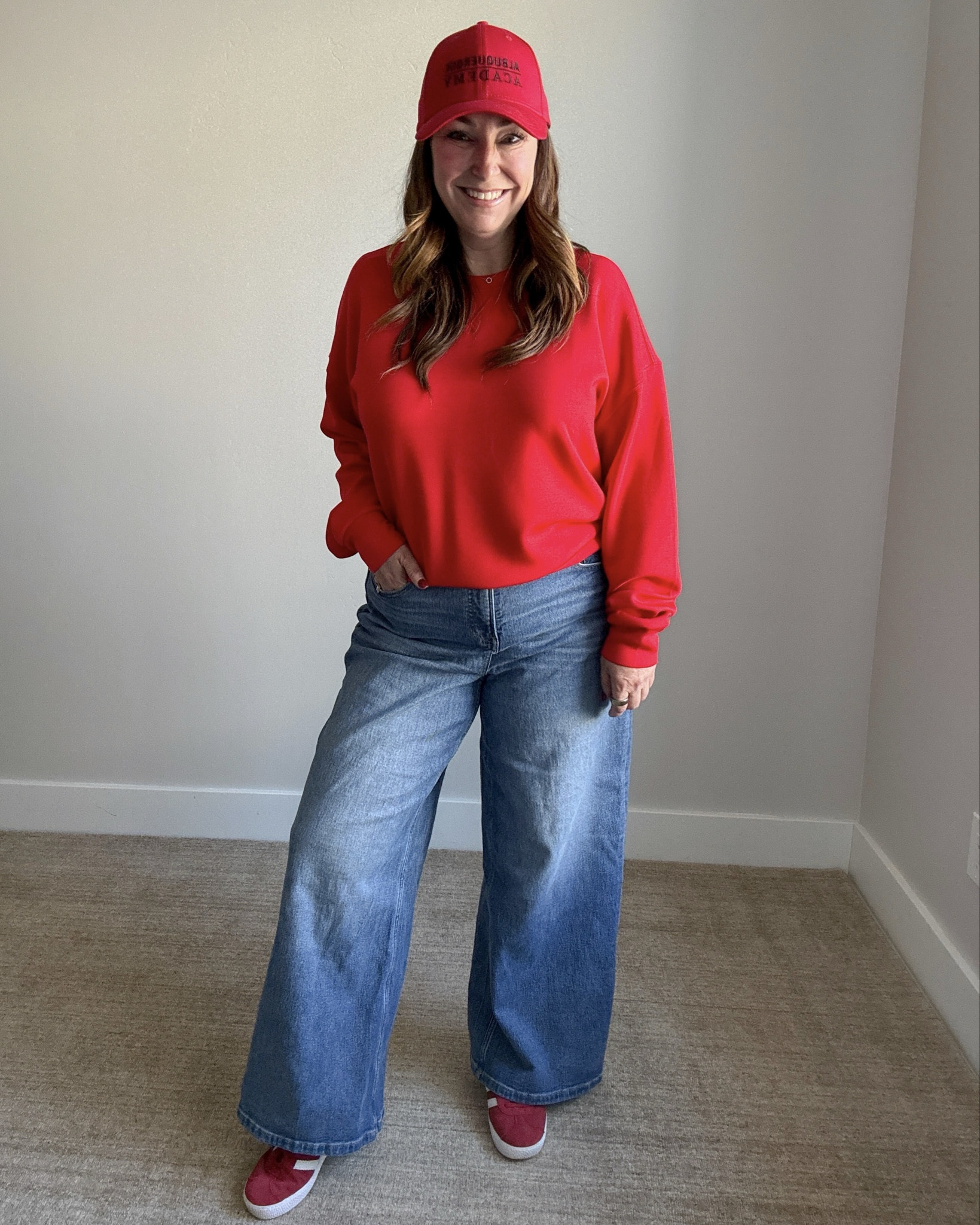@Spanx Air Essentials Red Crewneck Sweatshirt and Wide Leg Jeans Outfit just in time for the holidays  wearing large in top // XL petite in jeans 

 

#LTKActive #LTKMidsize #LTKSeasonal