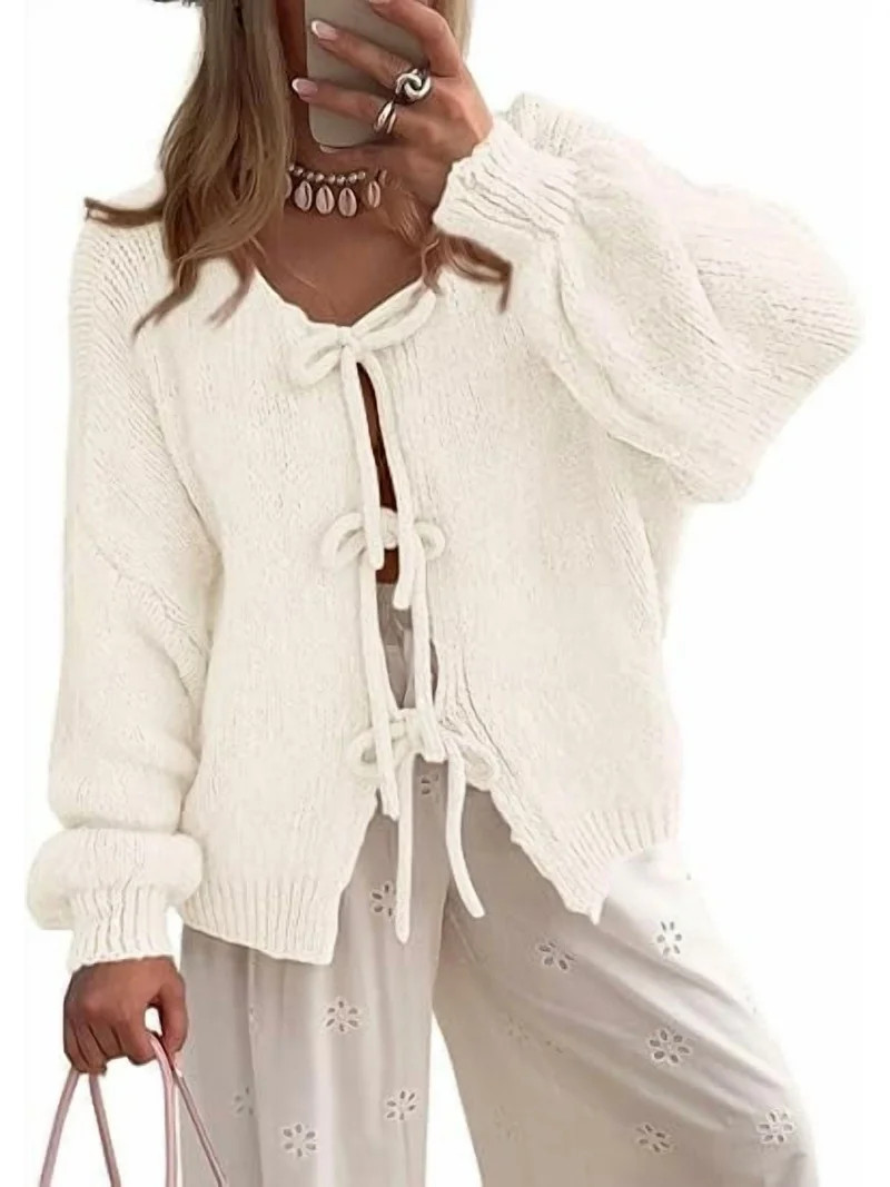 PRETTYGARDEN Women's Tie Front Bow Cardigan Sweaters Chunky Knit Long Puff Sleeve Trendy Fall Win... | Walmart (US)