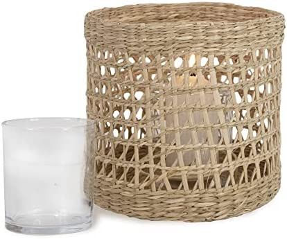 MadeTerra Tea Light Candle Holder w Glass Cup | Seagrass Pillar Candles Lantern - Rustic Wire Jar... | Amazon (US)