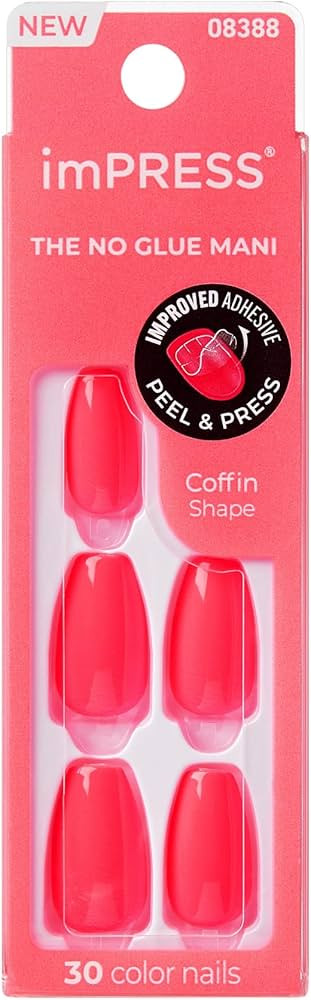 KISS imPRESS No Glue Mani 30 Pcs Press On Nails, Medium Coffin Design Nail, Sweet Pinky Red Color... | Amazon (US)