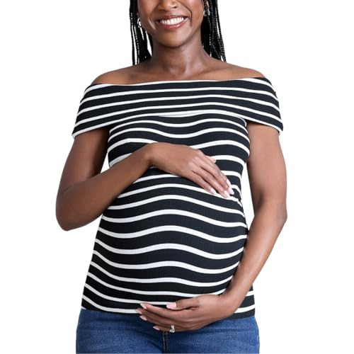 Motherhood Maternity Women’s Off-The-Shoulder Rib Knit Pregnancy Top, Black/White Stripe, Small | Amazon (US)