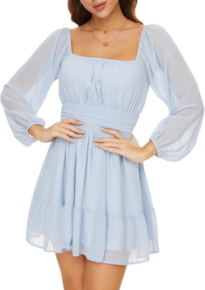 Square Neck Mini Dress for Women Puff Sleeve Tie Back Aline Dress with Elastic Waist | Amazon (US)