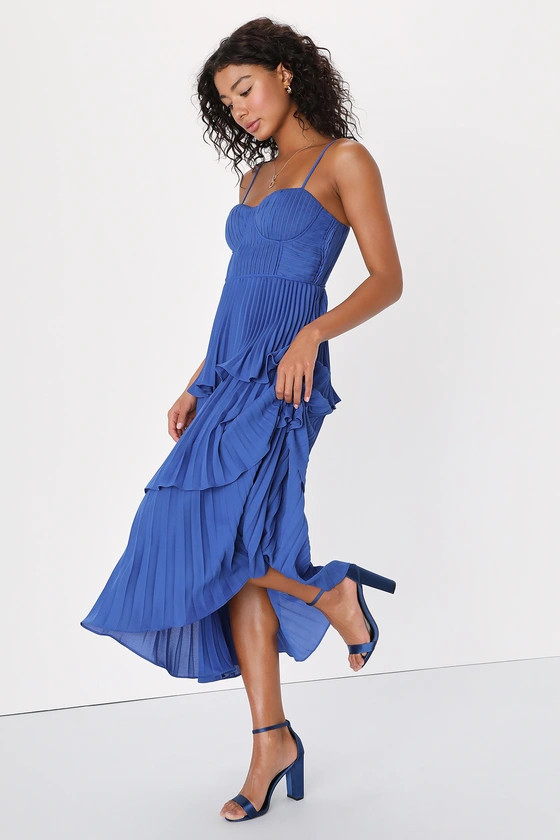 Cascading Crush Cobalt Blue Tiered Bustier Midi Dress | Lulus