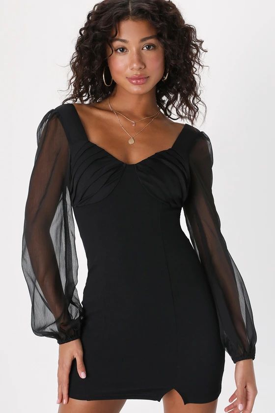 Sultry Mystique Black Pleated Long Sleeve Bodycon Mini Dress | Lulus (US)