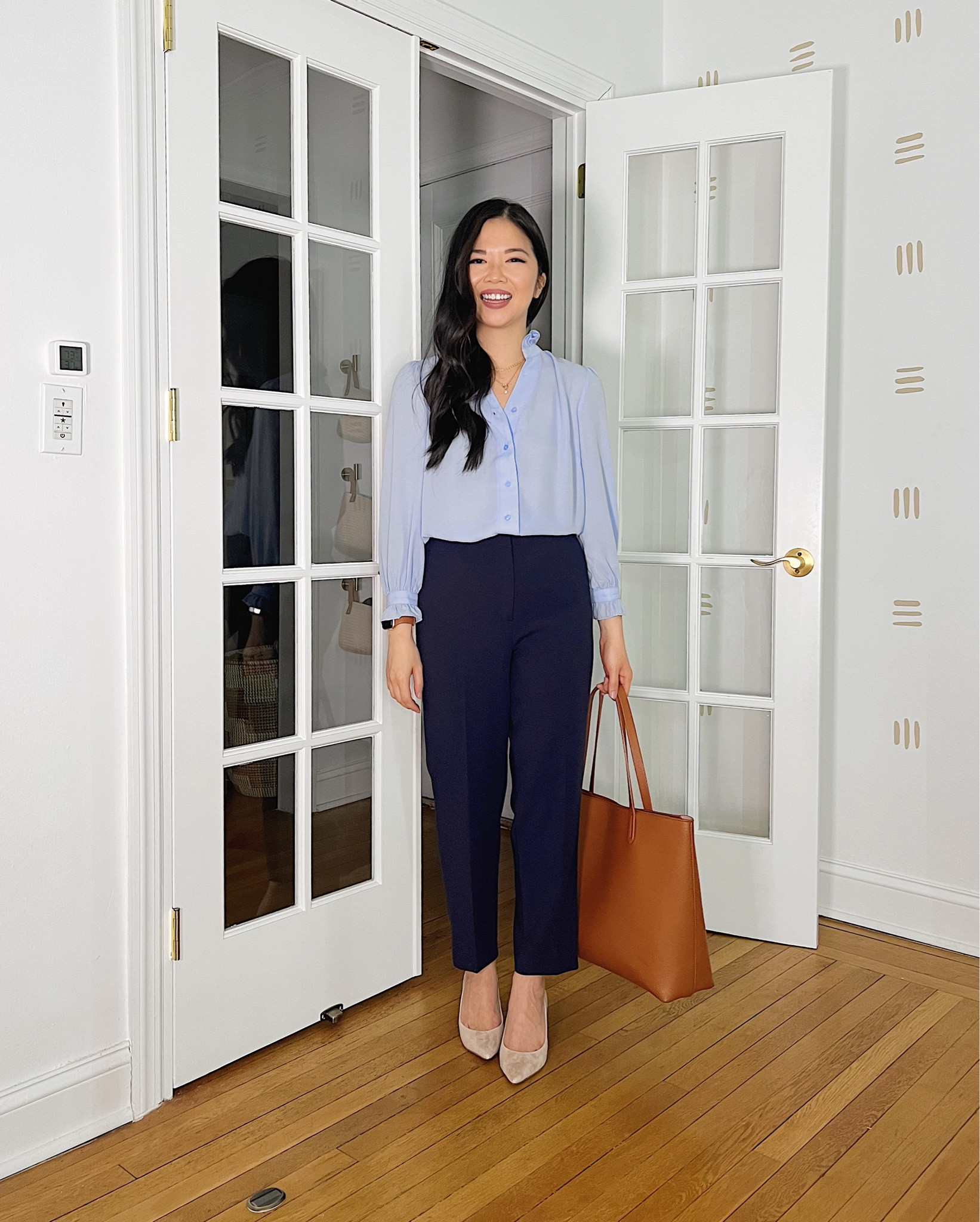 Light blue blouse (XS)
Navy pants (4P)
Navy work pants
High waisted navy pants
Brown tote bag
Beige pumps (TTS)
Beige suede pumps
Suede block heel pumps 
Ann Taylor blazer
Ann Taylor pants 
Business casual outfit
Spring work outfit 
Business professional outfit 
Steve Madden heels

#LTKworkwear #LTKFind #LTKstyletip
