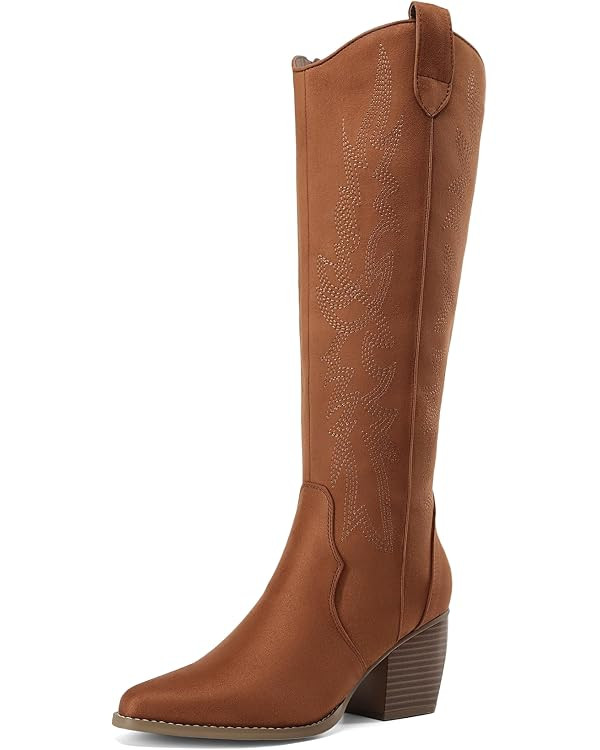 DREAM PAIRS Womens Cowboy Knee High Chunky Heel Boots | Wide Calf Comfortable Pull On Zipper Embr... | Amazon (US)