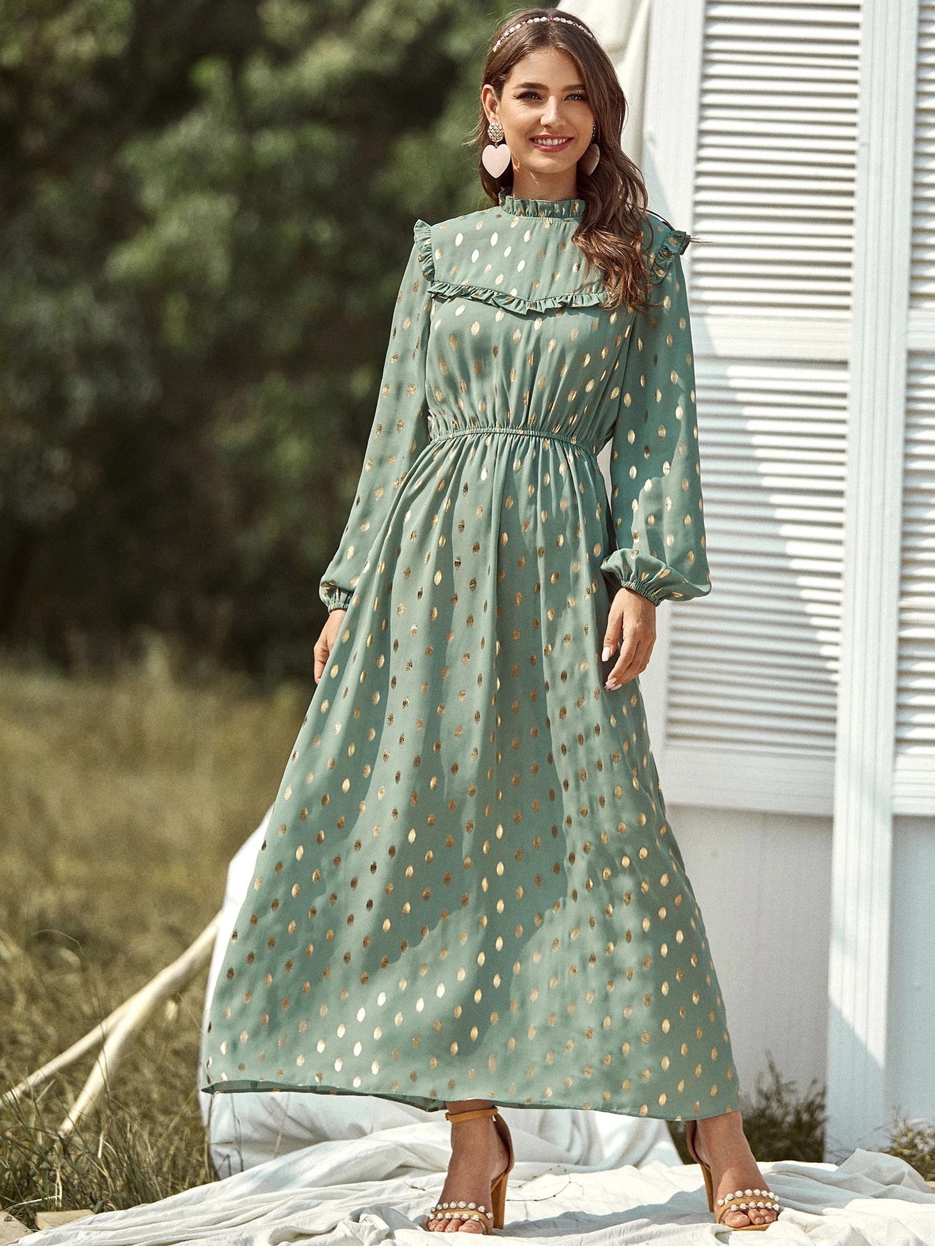 Metallic Polka Dot Frill Trim Dress | SHEIN