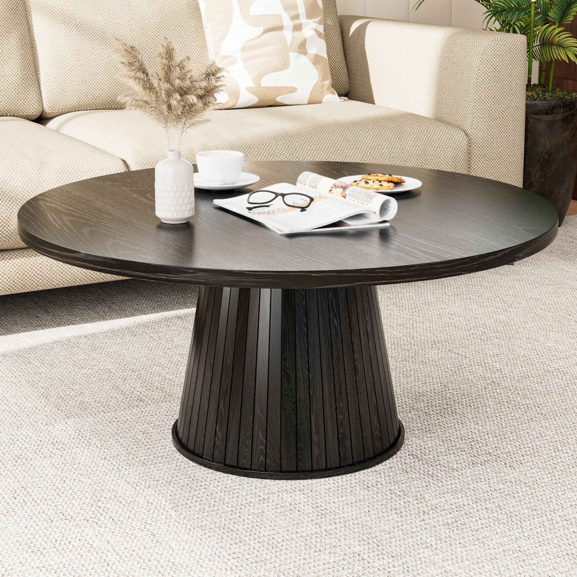 Fsbecl Mid Century Modern Round Wood Coffee Table, Black - Walmart.com | Walmart (US)