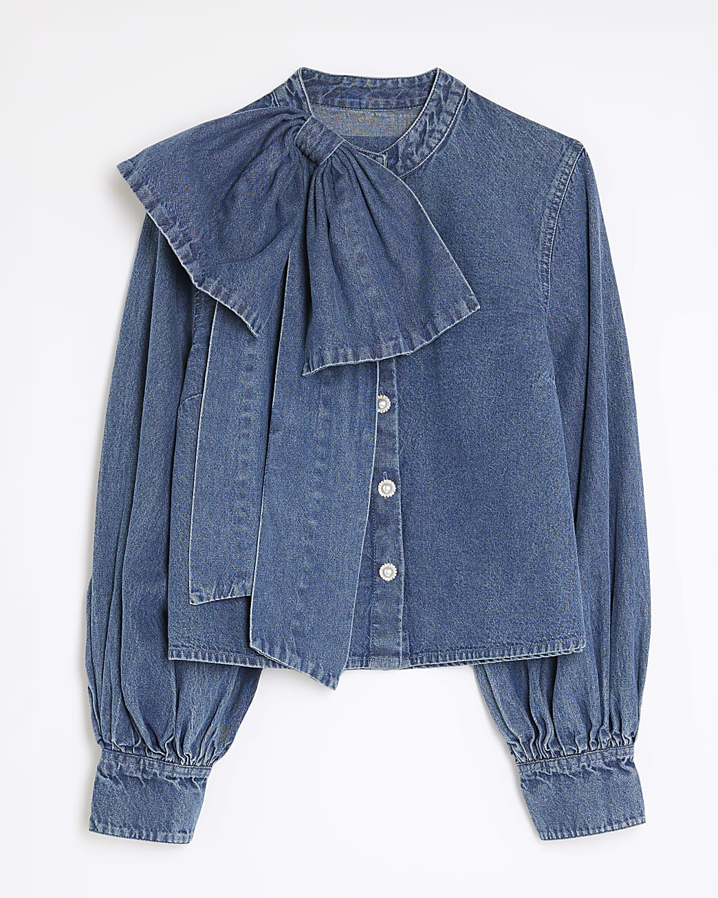 Blue Denim Long Sleeve Pussybow Blouse | River Island UK & IE