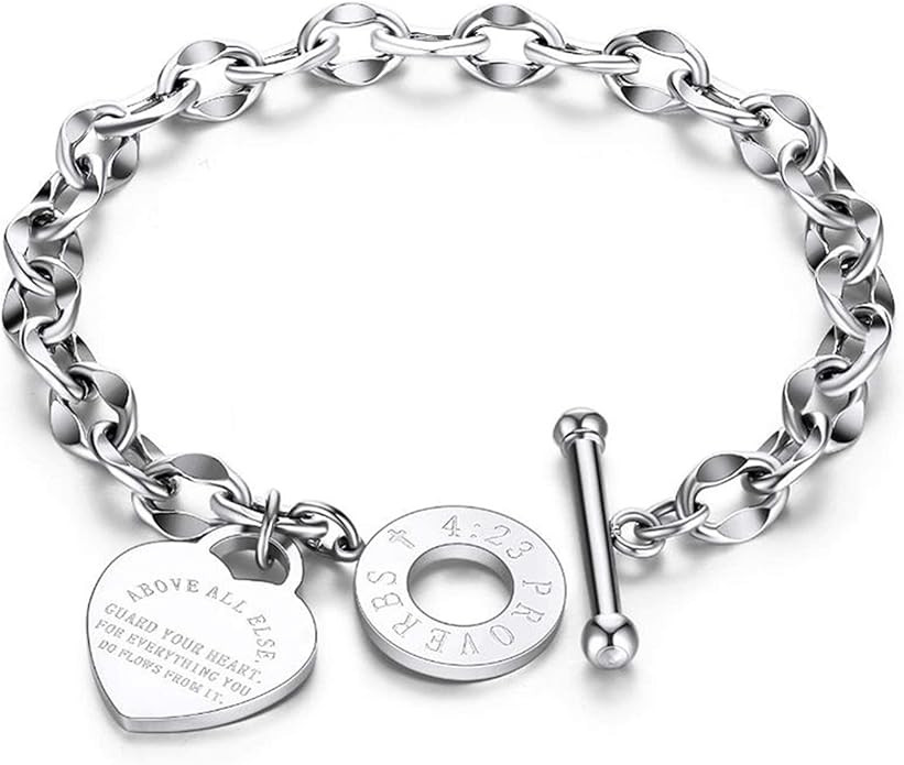 Silver Titanium Steel Engraved Bracelet Personalized Proverbs 4:23 Bangle Gift for Women Girls | Amazon (US)