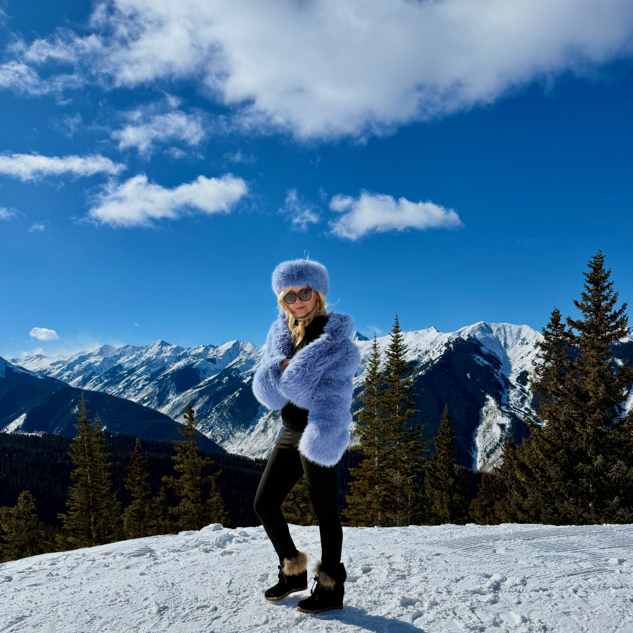Apres Ski outfit Inspo in Aspen. 

Blue faux fur jacket and matching headband 

Black leggings, sunglasses and boots with faux furr

#LTKootd #LTKSeasonal #LTKdayinmylife