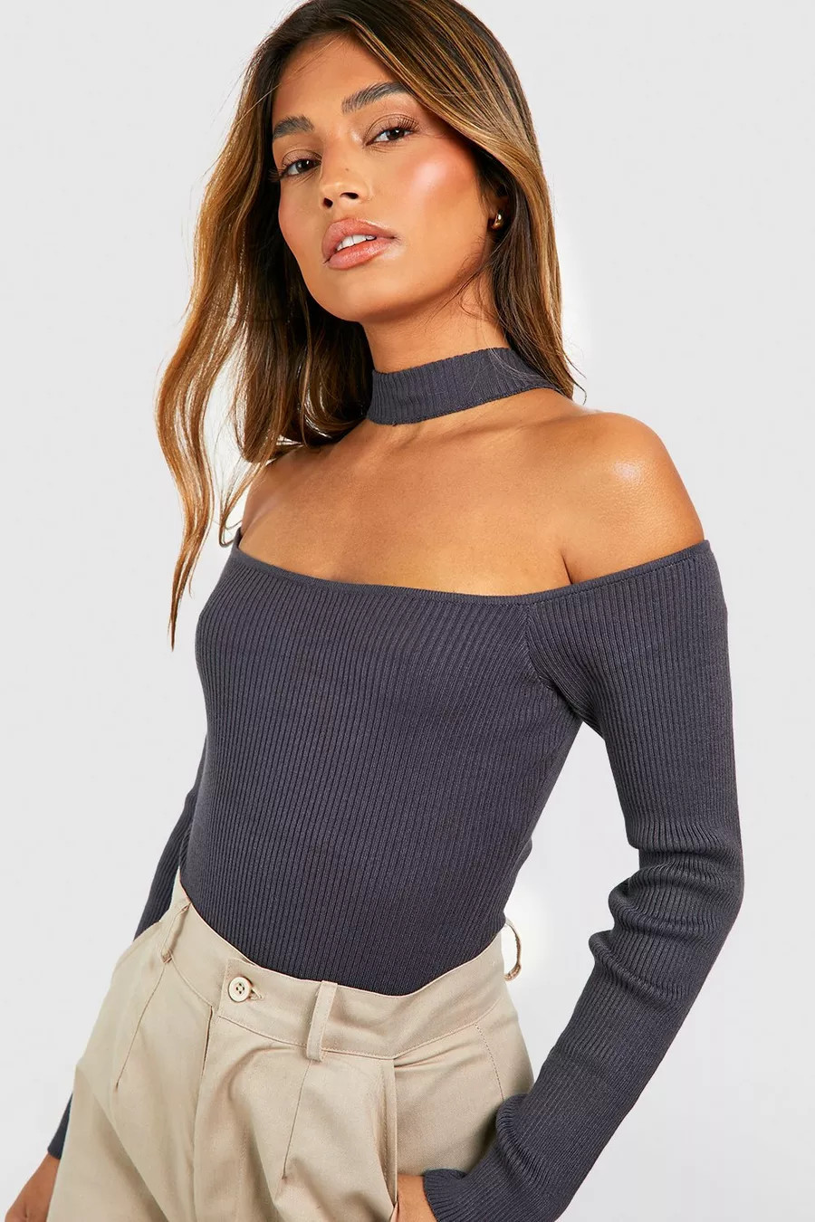 Choker Neckline Off The Shoulder Rib Knit Bodysuit | boohoo (US & Canada)