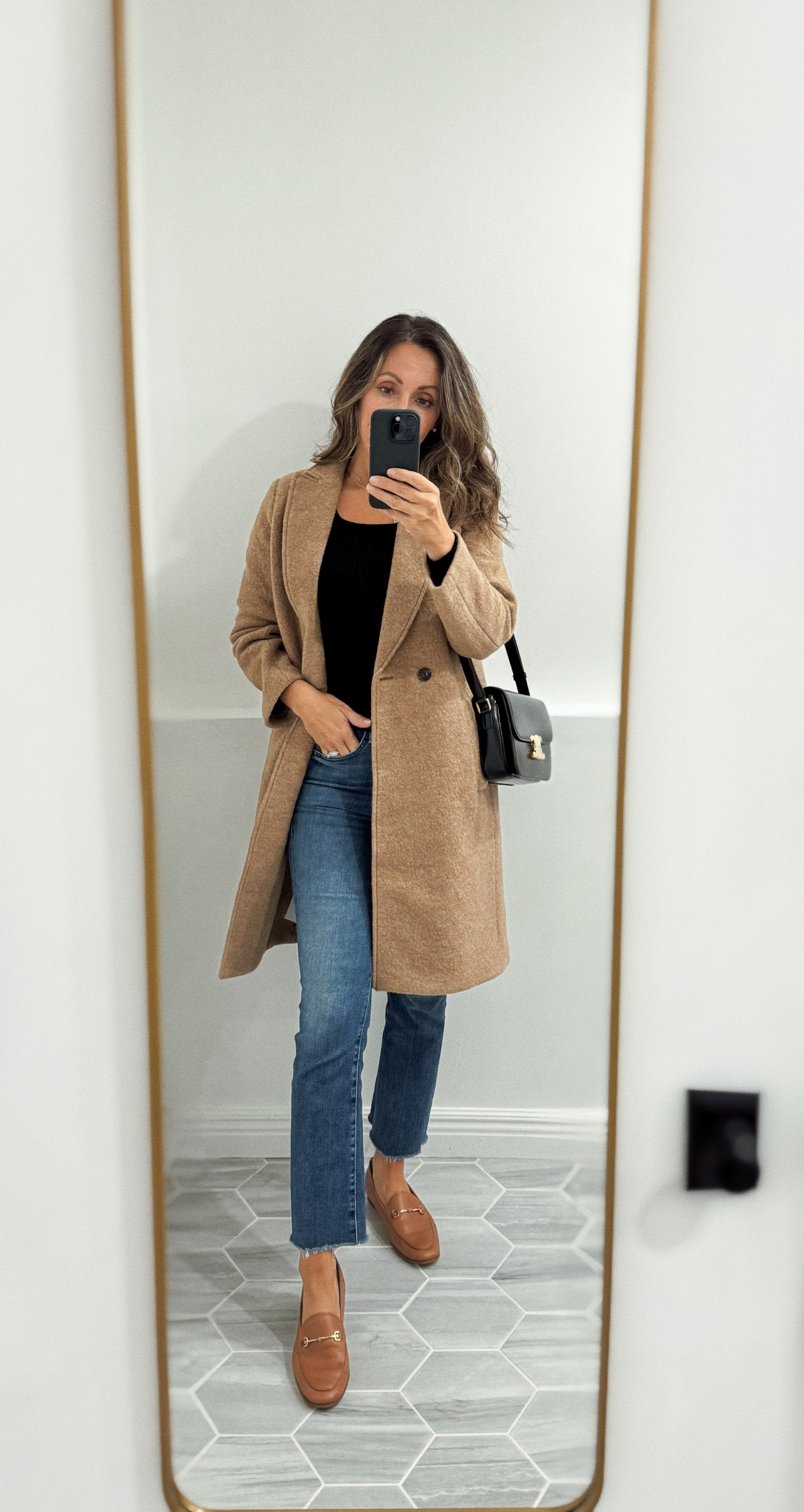 Favorite warm fall coat (light but warm. It’s wool so keep that in mind if you’re sensitive). I have this coat in black and one I got in my side and other one I sized down. Like both fits   
Jeans tts. 
Favorite loafers tts. 
Sweater tts.  


#LTKStyleTip #LTKSeasonal #LTKSaleAlert