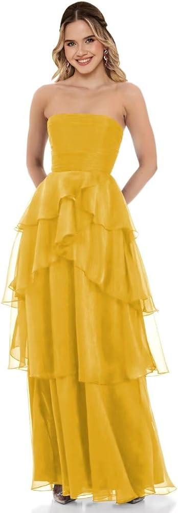 Strapless Tulle Prom Dress for Women Pleated Long Tiered Ruffle Sleeveless A Line Ruched Formal E... | Amazon (US)