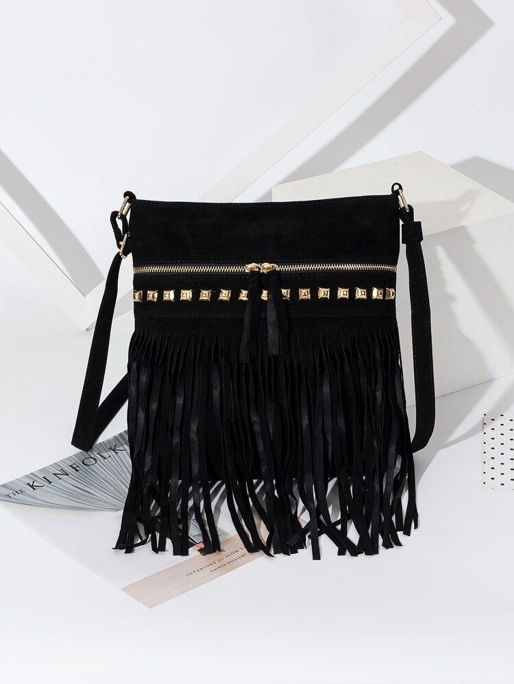 EMERY ROSE Studded & Fringe Decor Square Bag | SHEIN