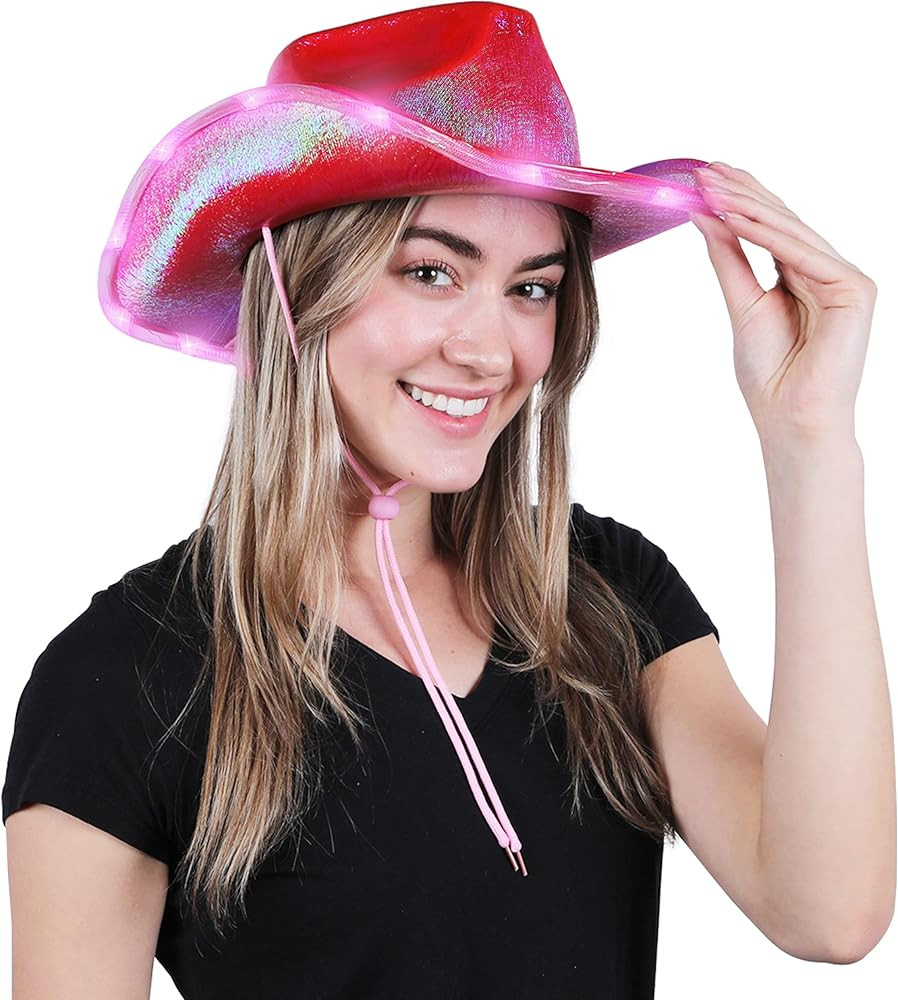 SanCris Sparkly Cowboy Hat – Fuchsia with Adjustable Drawstring, Iridescent Light Up Cowgirl Ha... | Amazon (US)
