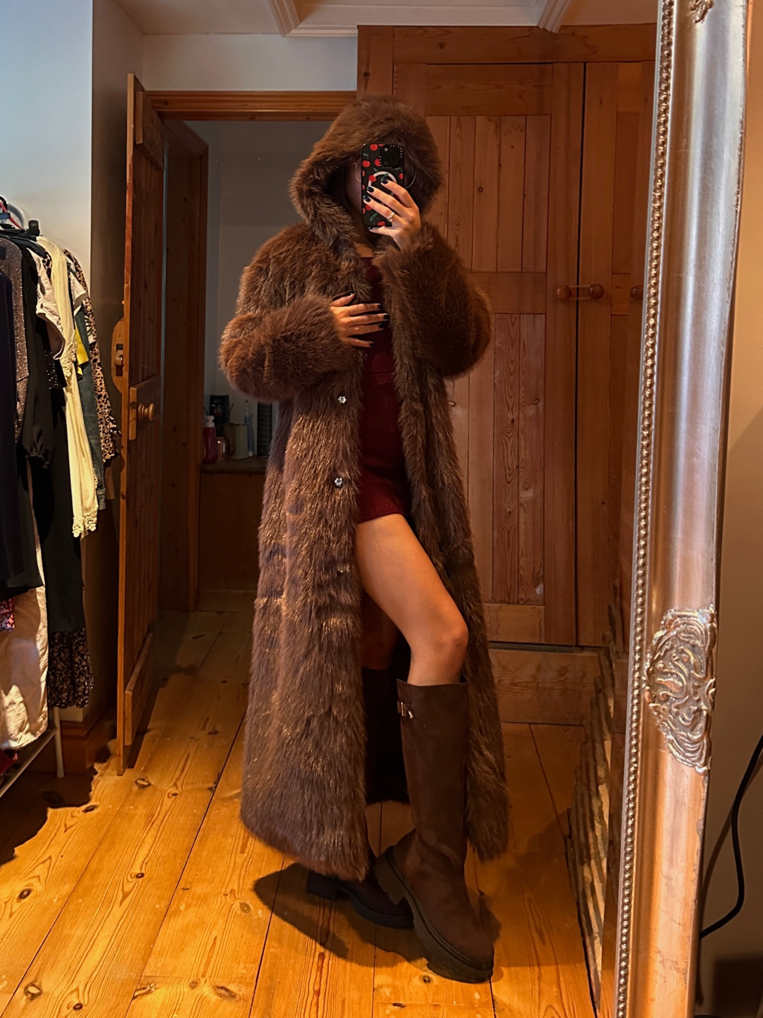 Maxi faux fur coat, chocolate brown boots, burgundy knitted mini dress, winter outfit, warm outfit, cosy coat 

#LTKwinter #LTKuk #LTKstyletip