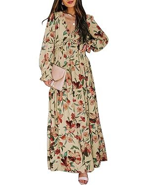 BLENCOT Womens Casual Floral Deep V Neck Long Sleeve Long Evening Dress Cocktail Party Maxi Weddi... | Amazon (US)