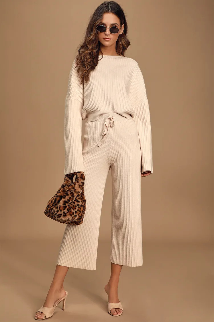 Snuggly Style Cream Ribbed Knit Wide-Leg Pants | Lulus