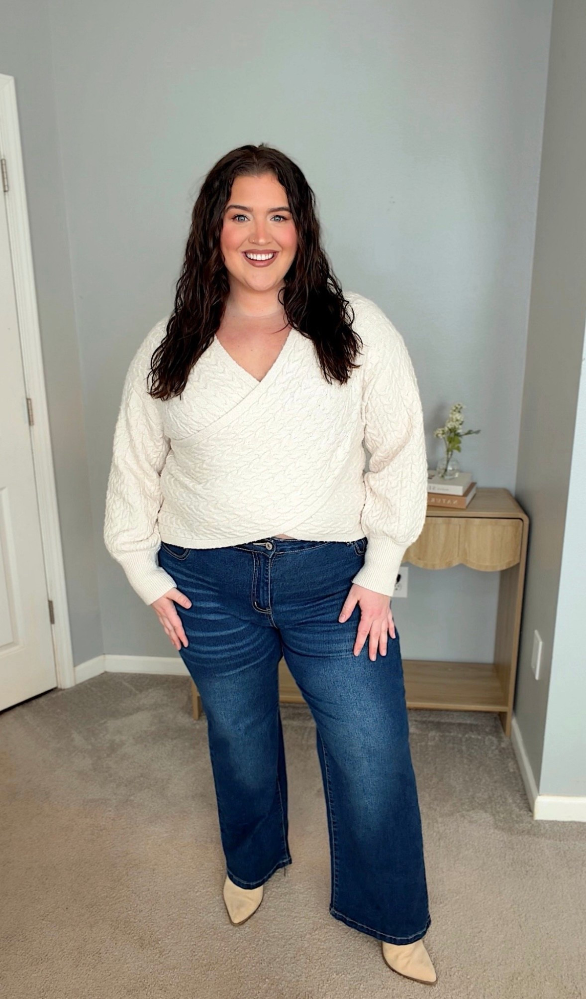 This top is the epitome of sprint transition. The color perfectly springtime and this sweater keeps you warm in cooler weather. This blue wash on the jeans is so pretty and really pops with the neutral top and booties. 

#LTKPlusSize #LTKSeasonal