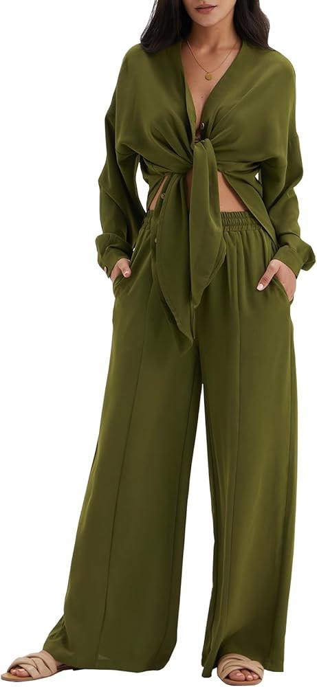 DEEP SELF Womens 2 Piece Outfits Casual Long Sleeve Slit Hem Button Down Shirt Wide Leg Long Pant... | Amazon (US)