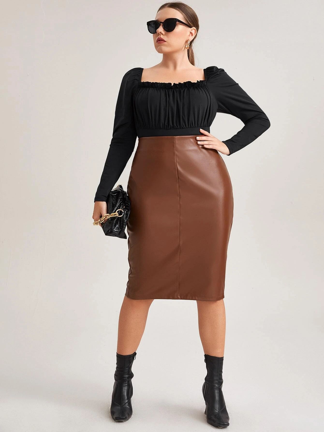 SHEIN BAE Plus Split Hem PU Leather Skirt | SHEIN
