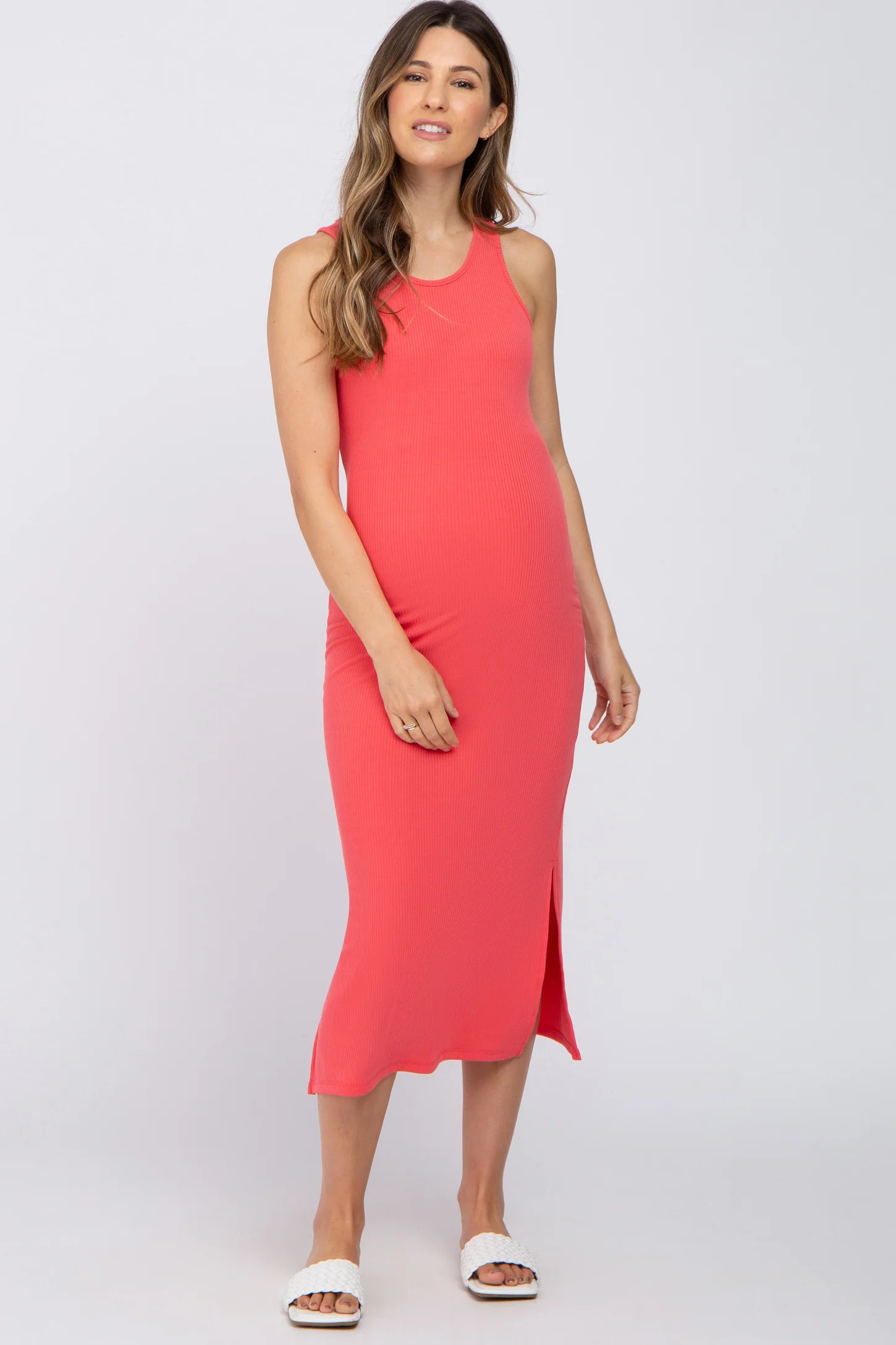 Coral Ribbed Side Slit Maternity Midi Dress | PinkBlush Maternity