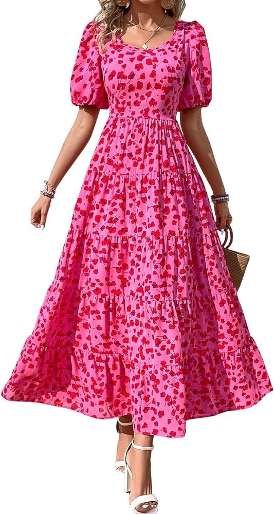 BTFBM Casual Women Summer Dresses 2024 Puff Sleeve Floral Maxi Dresses Smocked Backless Flowy Tie... | Amazon (US)