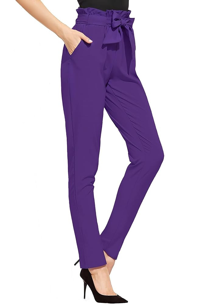 Hybrid & Company Women's Paper Bag Pants Casual Slim High Waist Pants with Bow Knot | Amazon (US)