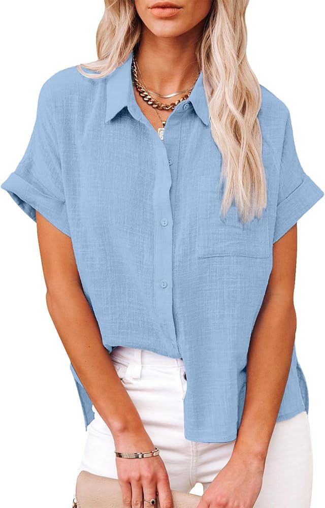 Womens Casual Cotton Linen Button Down Short Sleeve Shirts Solid Summer Beach Blouses Tops with P... | Amazon (US)