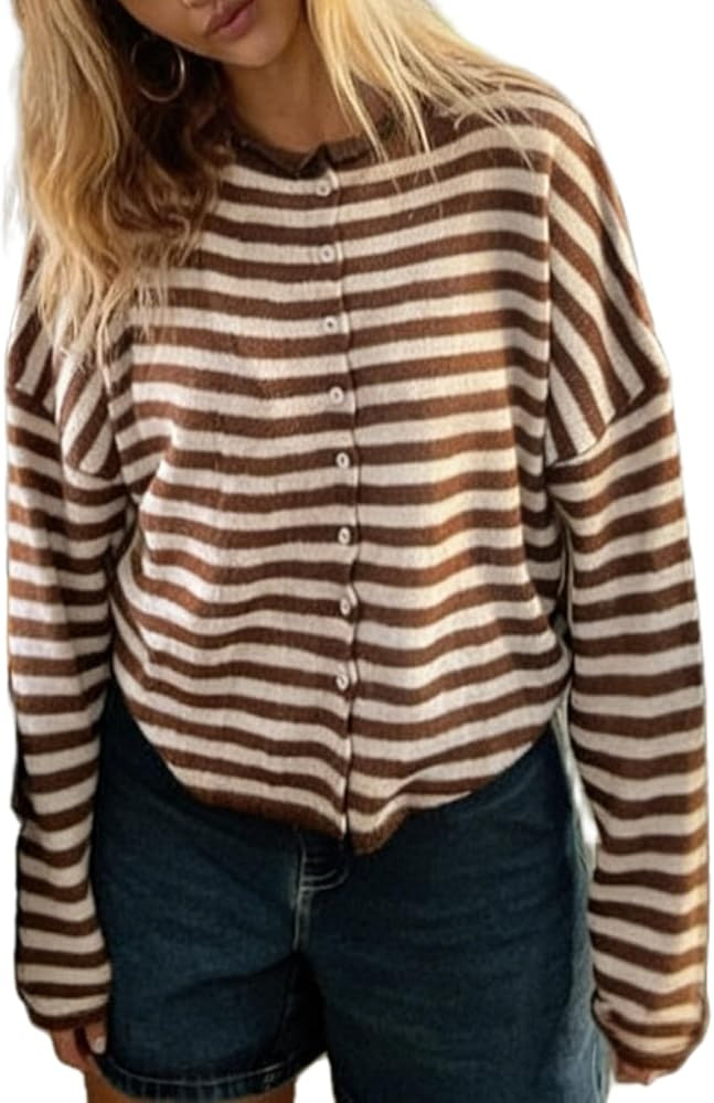 Muineobuka Womens Striped Cardigan Sweater Casual Crew Neck Open Front Button Down Long Sleeve Kn... | Amazon (US)