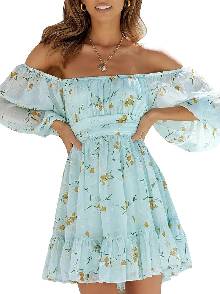 EXLURA Women's 2024 Summer Lantern Short Sleeve Tie Back Casual Dresses Square Neck Off Shoulder ... | Amazon (US)