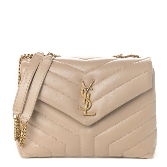 SAINT LAURENT Calfskin Y Quilted Monogram Small Loulou Chain Satchel Dark Beige | Fashionphile