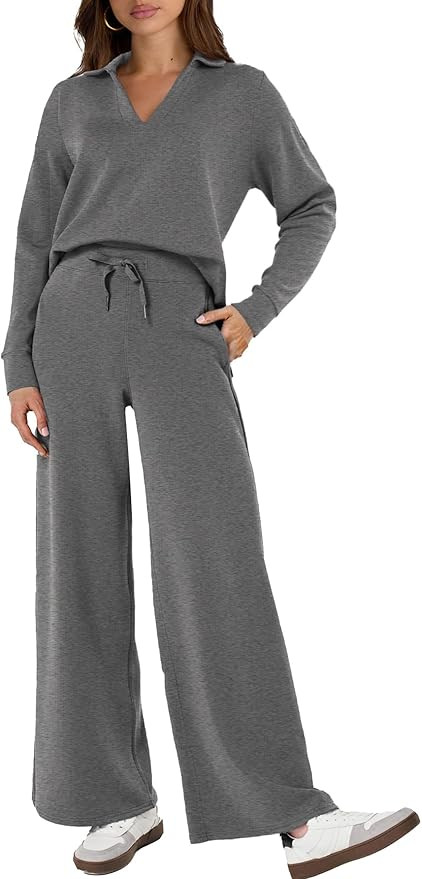 Glamaker Women's 2 Piece Sets Outfits Casual Long Sleeve Sweatsuits Polo Top and Wide Leg Pants M... | Amazon (US)