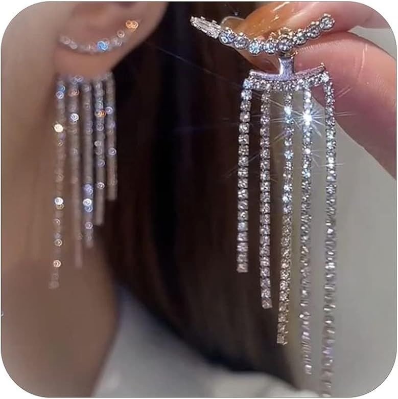 Rhinestone Tassel Earrings For Women Dress Silver Fringe Prom Earrings Long Tassel Bling Crystal ... | Amazon (US)