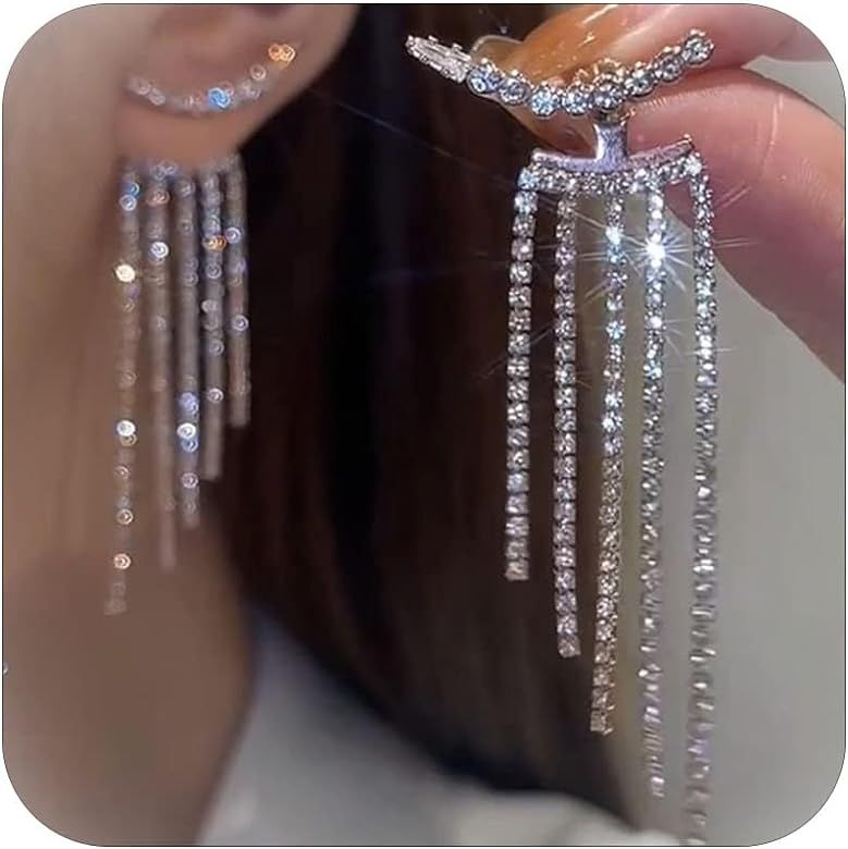 Rhinestone Tassel Earrings For Women Dress Silver Fringe Prom Earrings Long Tassel Bling Crystal ... | Amazon (US)
