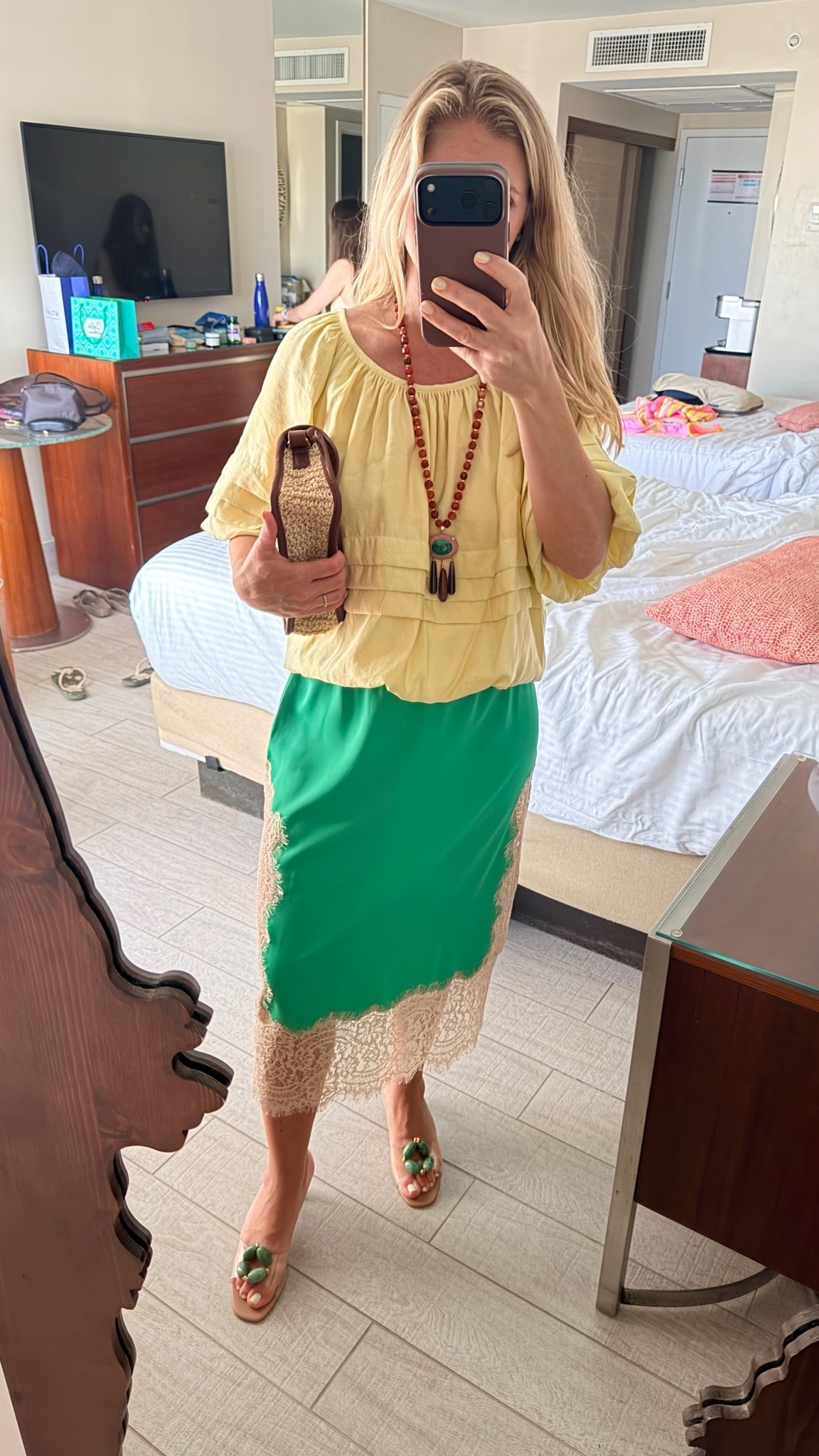 Vacation outfits are my favorite excuse to play with color, texture, and statement accessories. 🌴

For dinner at Atlantis, I paired a butter yellow blouse with a green lace skirt, natural textures, and bold jewelry for a look that felt relaxed, elevated, and perfect for the island setting.

I always say style should feel connected to where you are, and this outfit felt like vacation in the best way. ✨

#LTKootd #LTKTravel #LTKPetite