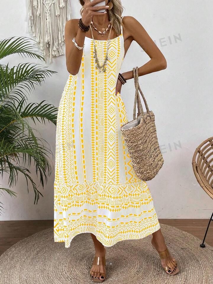 SHEIN LUNE Women Long Geometric Printed Vacation Spaghetti Strap Dress For Summer | SHEIN