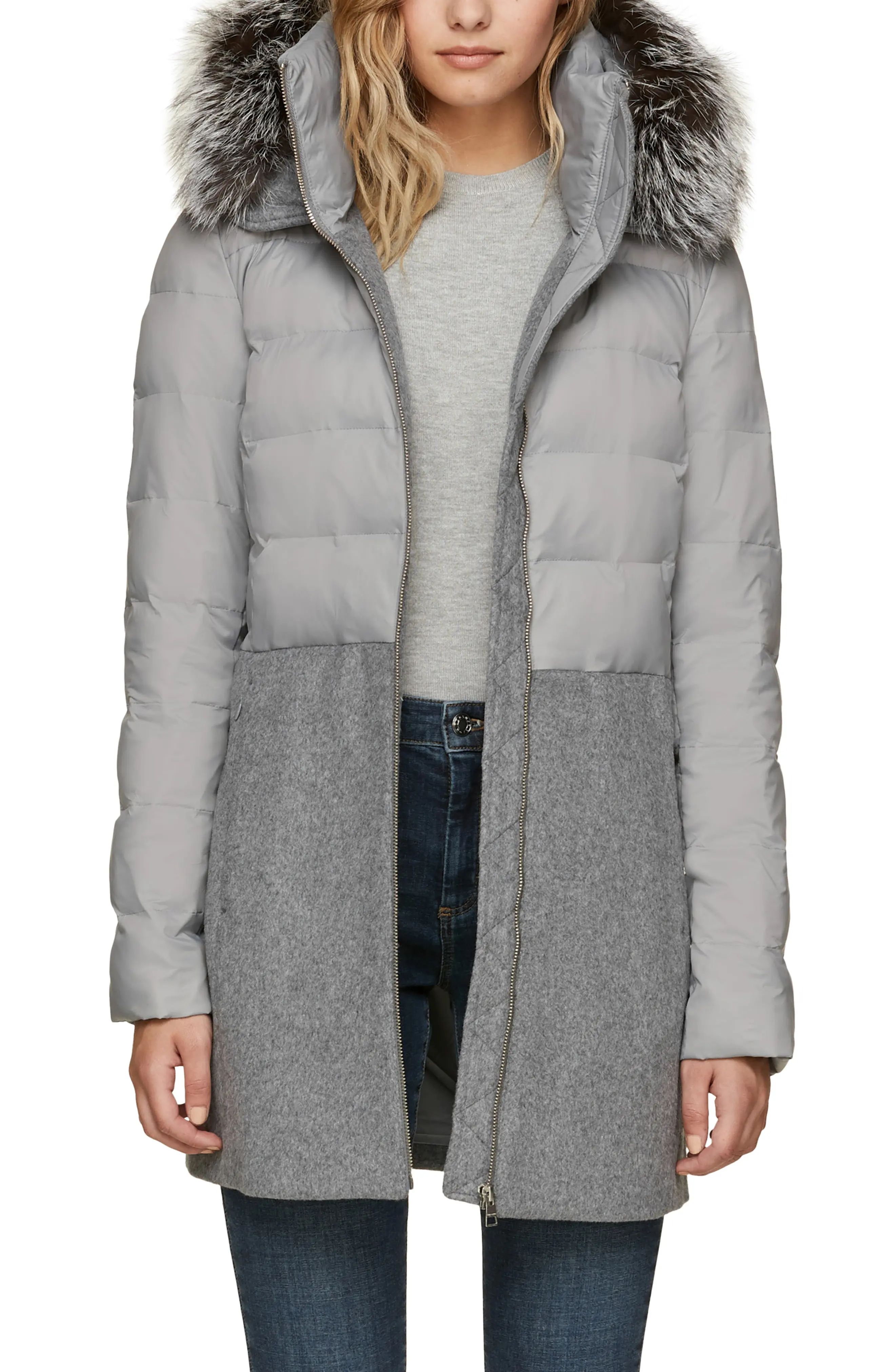 Soia & Kyo Straight Fit Mixed Media Coat with Genuine Silver Fox Fur Trim | Nordstrom