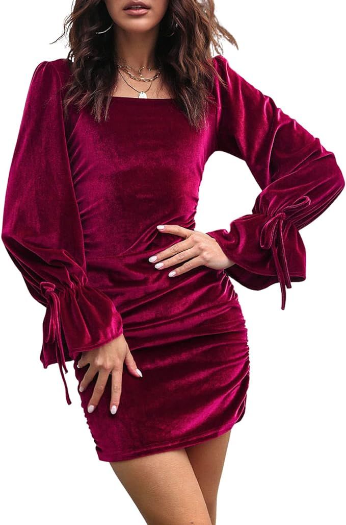 ICNGLKSND Women's Trendy Deep V Neck Long Sleeve Wrap Velvet Dress Cocktail Ruched Bodycon Mini D... | Amazon (US)