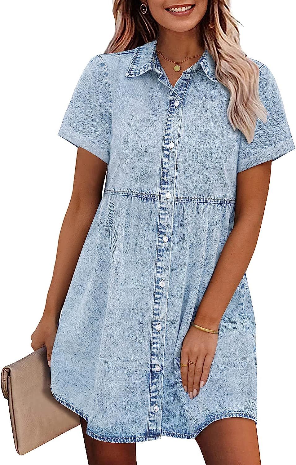 GRAPENT Denim Dress for Women Babydoll Tiered Short Sleeve Button Down Jean Shirt Dresses | Amazon (US)