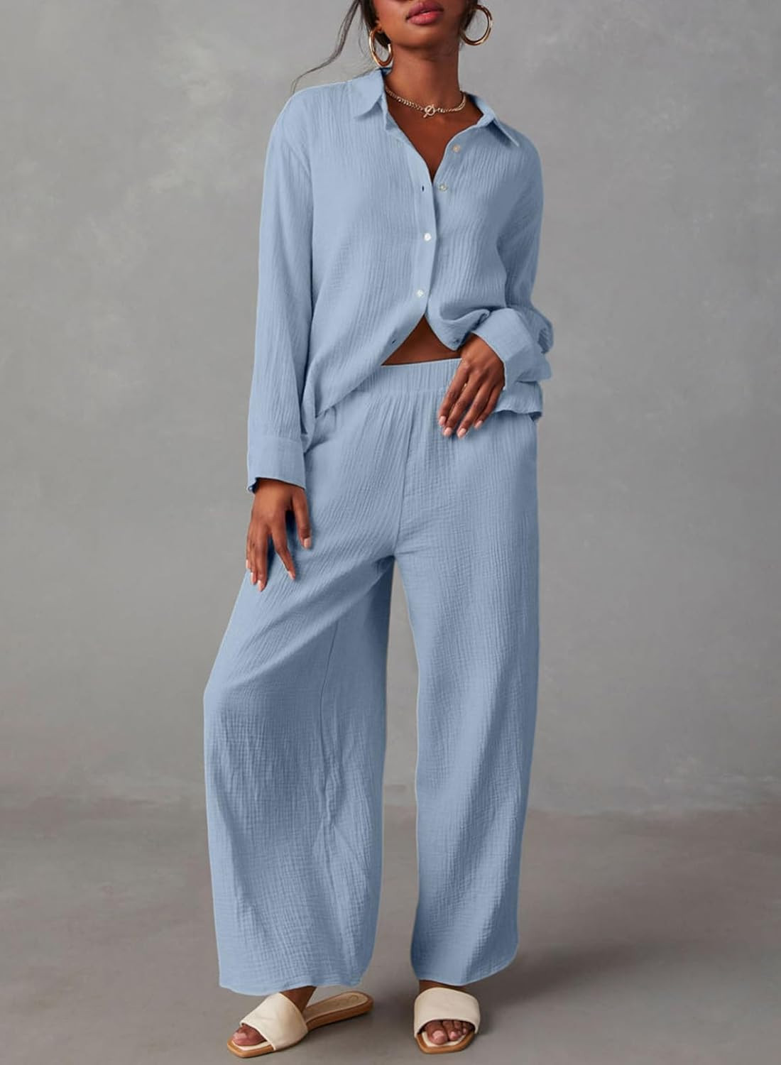 Dokotoo 2 Piece Outfits for Women Long Sleeve V Neck Button Down Shirts and Wide Leg Pants with P... | Amazon (US)