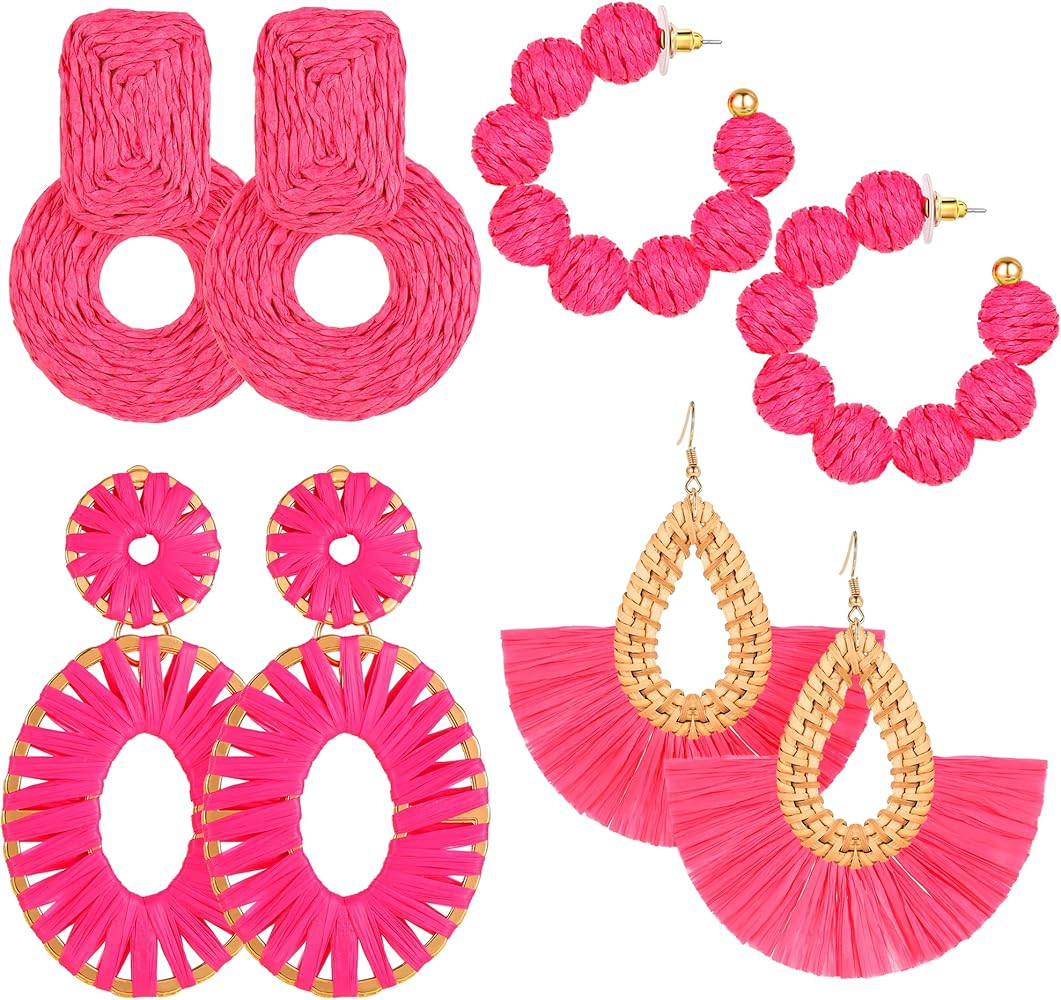KRORZTOT Statement Raffia Earrings for Women Bulk Rattan Earrings Set Beaded Hoop Earrings Handma... | Amazon (US)