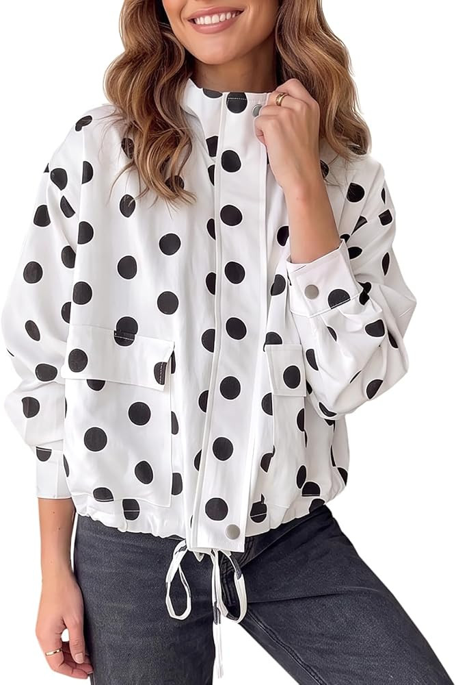 Fisoew Women Casual Cropped Jacket Polka Dot Zipper Up Oversized Fall Coat | Amazon (US)